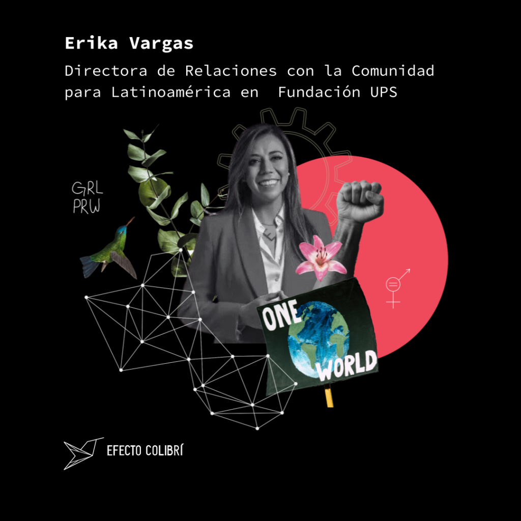 Imagen de erika vargas, Directora de Relaciones con la Comunidad para Latinoamérica en la Fundación UPS, rodeada de símbolos de fuerza y unión como un puño, un colibrí